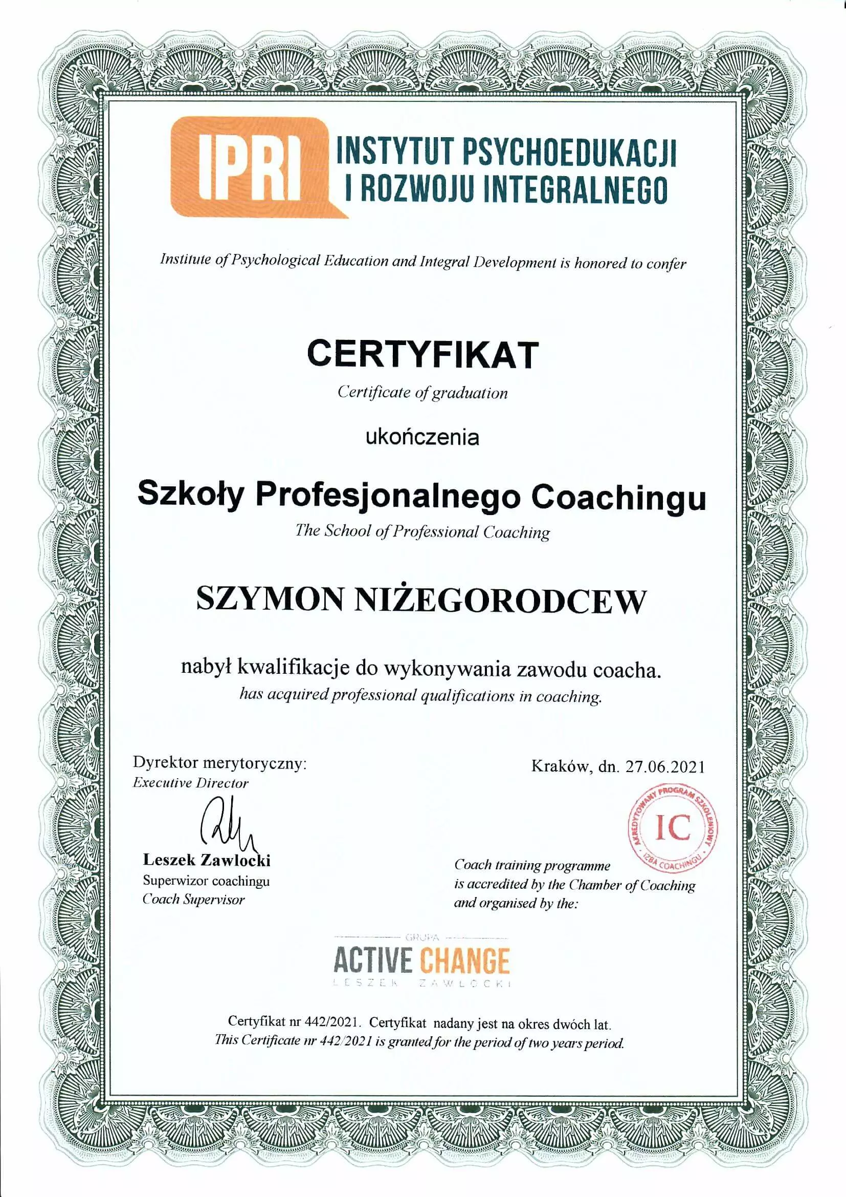 Certyfikat IPRI - Szymon Niżegorodcew