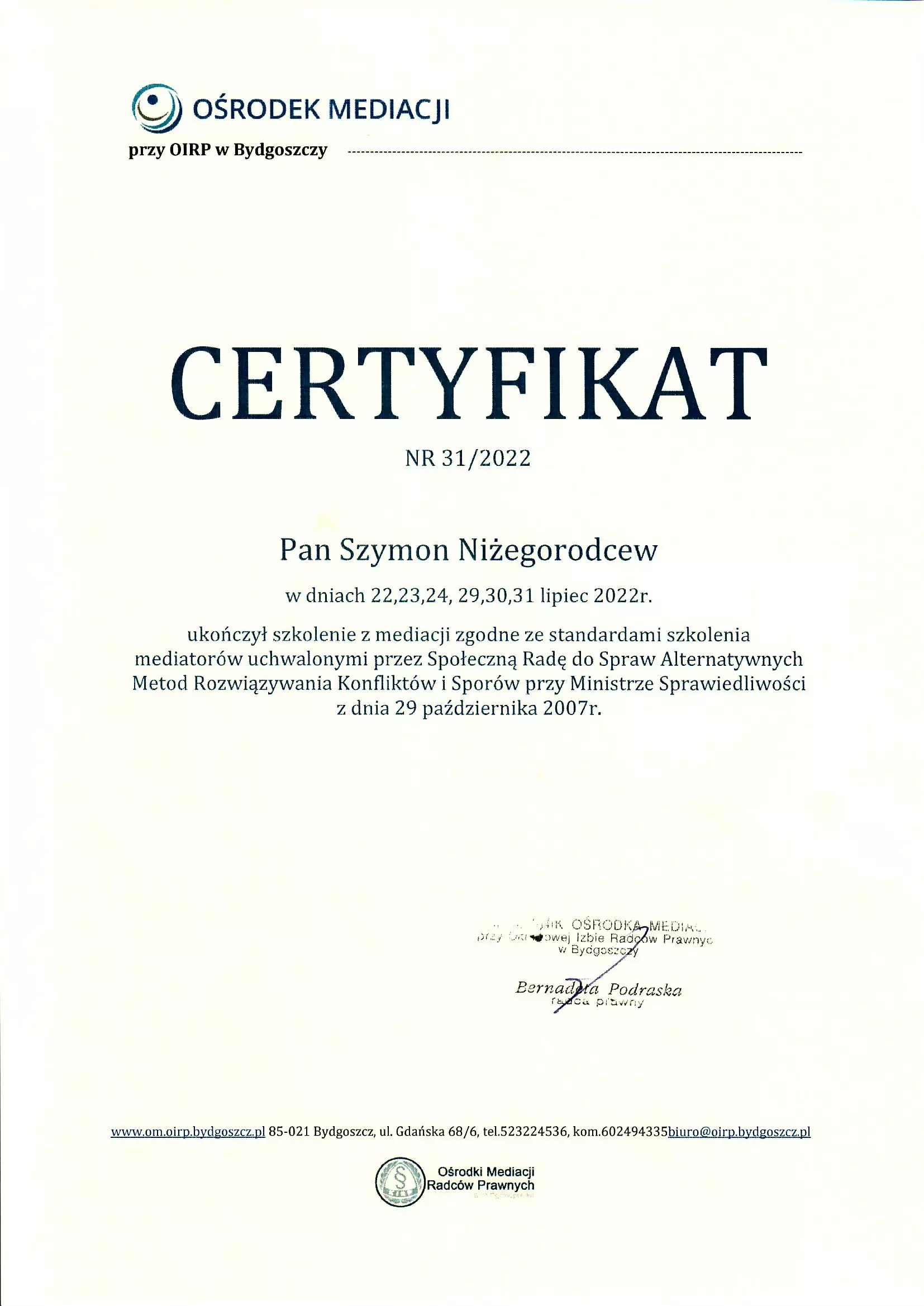 Certyfikat mediator - Szymon Niżegorodcew